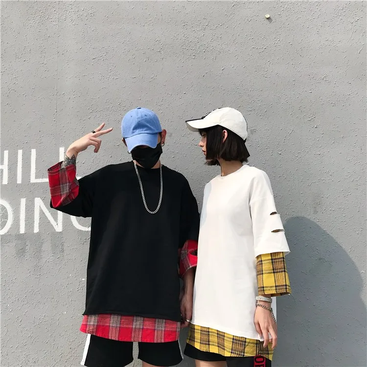 LAPPSTER летняя желтая клетчатая уличная футболка поддельные две части Harajuku Лоскутные футболки мужские Забавные футболки с длинным рукавом