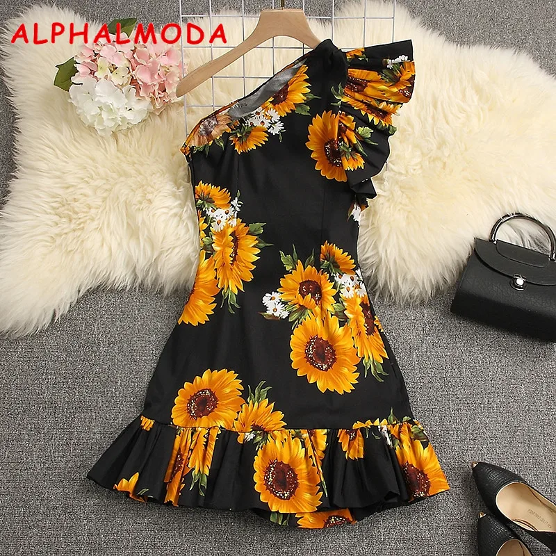 ALPHALMODA, весна, женские стильные вечерние платья, на одно плечо, с оборками, с цветочным рисунком, очаровательные, тянущиеся, Vestidos, облегающее, мини, летнее платье