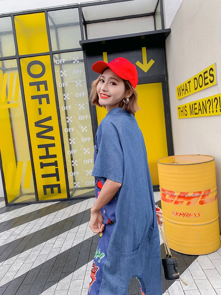 Vefadisa Women Personality Print Denim Jumpsuits Summer Short Sleeve Full Length Casual ZQY191A | Женская одежда