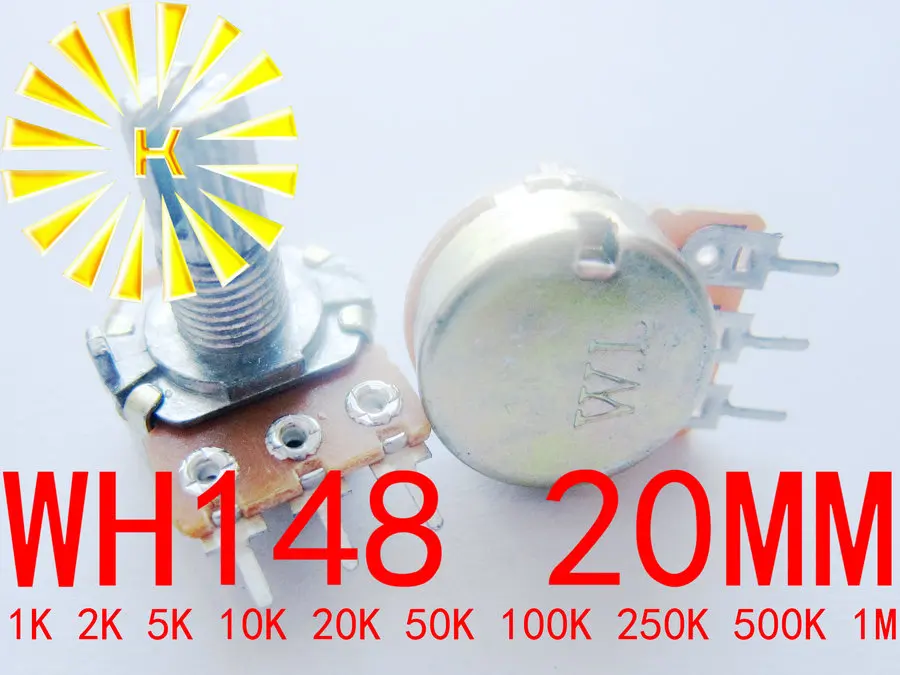 WH148 20 мм 3Pin 1K 2K 5K 10K 20K 50K 100K 250K 500K 1M OHM 0 5 W Линейный конический роторный углеродный