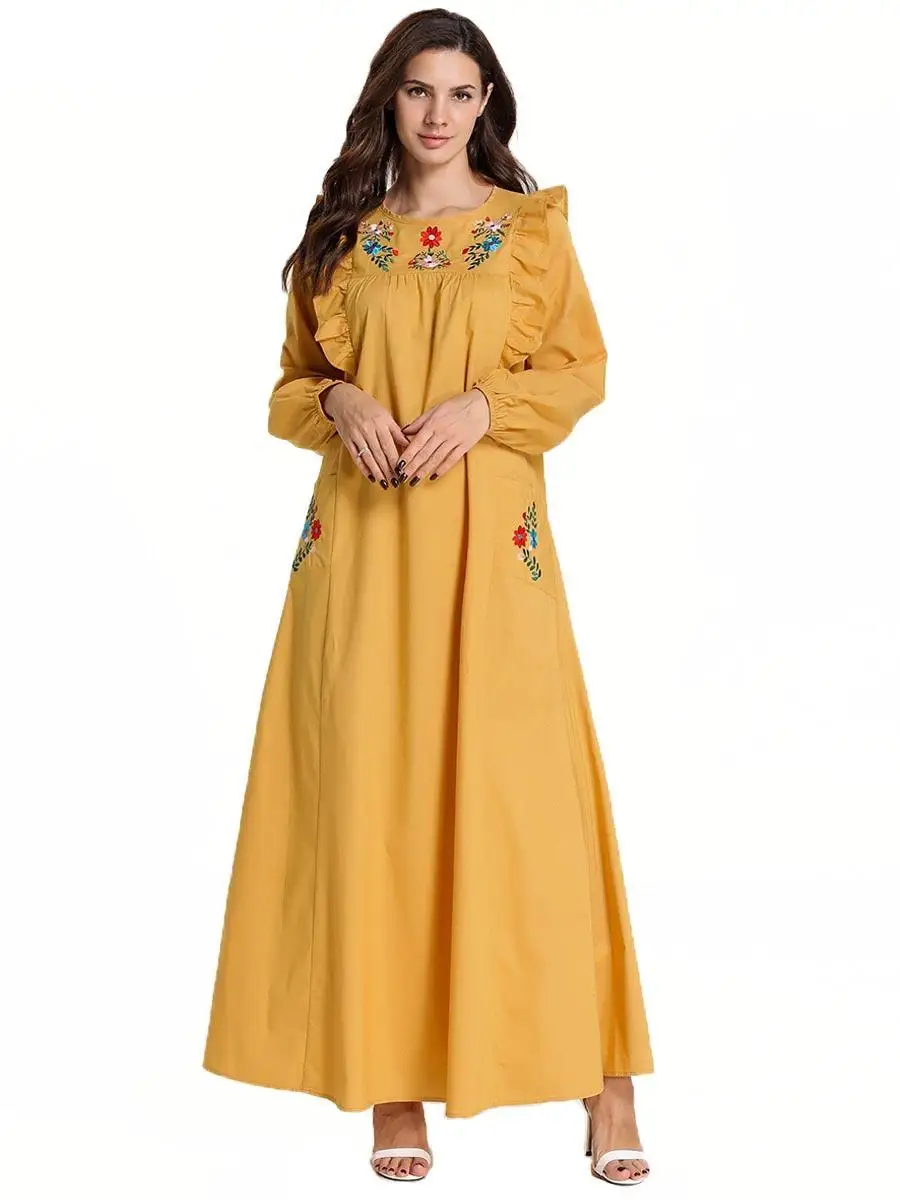 Abaya/длинное платье с вышивкой и оборками; женские мусульманские Длинные вечерние платья; jilbaw; исламский кафтан; одежда с круглым вырезом и длинными рукавами; свободное Повседневное платье