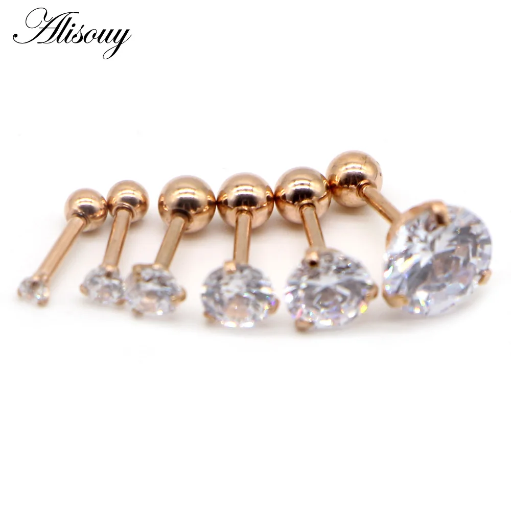 Rose Gold Clear CZ Alisouy 1 шт. 16 г CZ 3 зубец Круглый прозрачный страз трагус Пирсинг Серебро Черный Синий Золото Сталь пирсинг хряща уха ювелирные изделия для тела - Окраска металла: Rose Gold Clear CZ