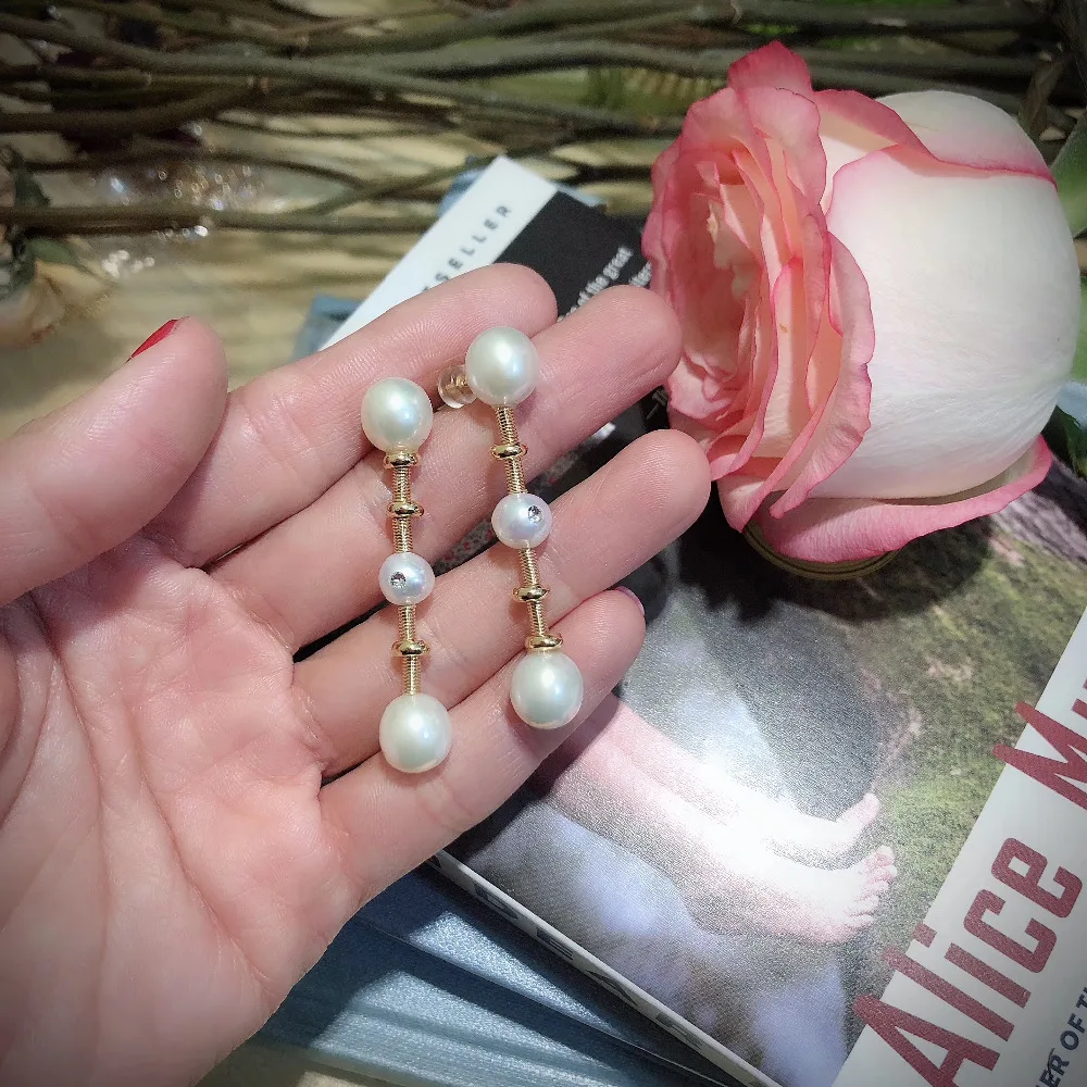 

ANI 14K Roll Gold Handmade Women Drop Earring Freshwater White Pearl oorbellen Roll Gold boucle d oreille Bone Design Jewelry