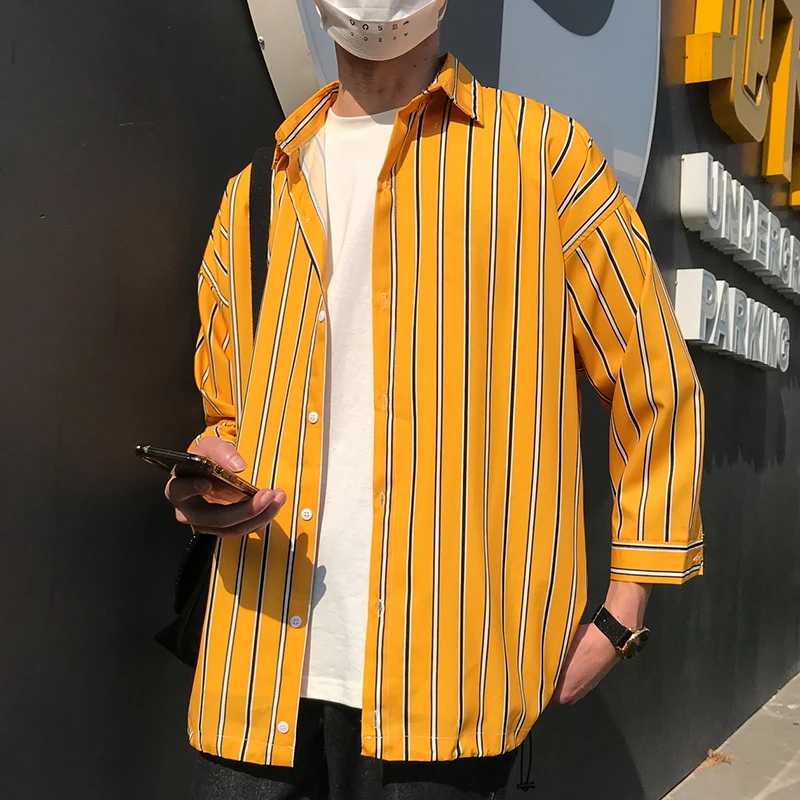 Mens three quarter sleeve black white striped shirt men streetwear regular fit casual Korean fashion dress xxxl 2019 summer CS45 | Мужская