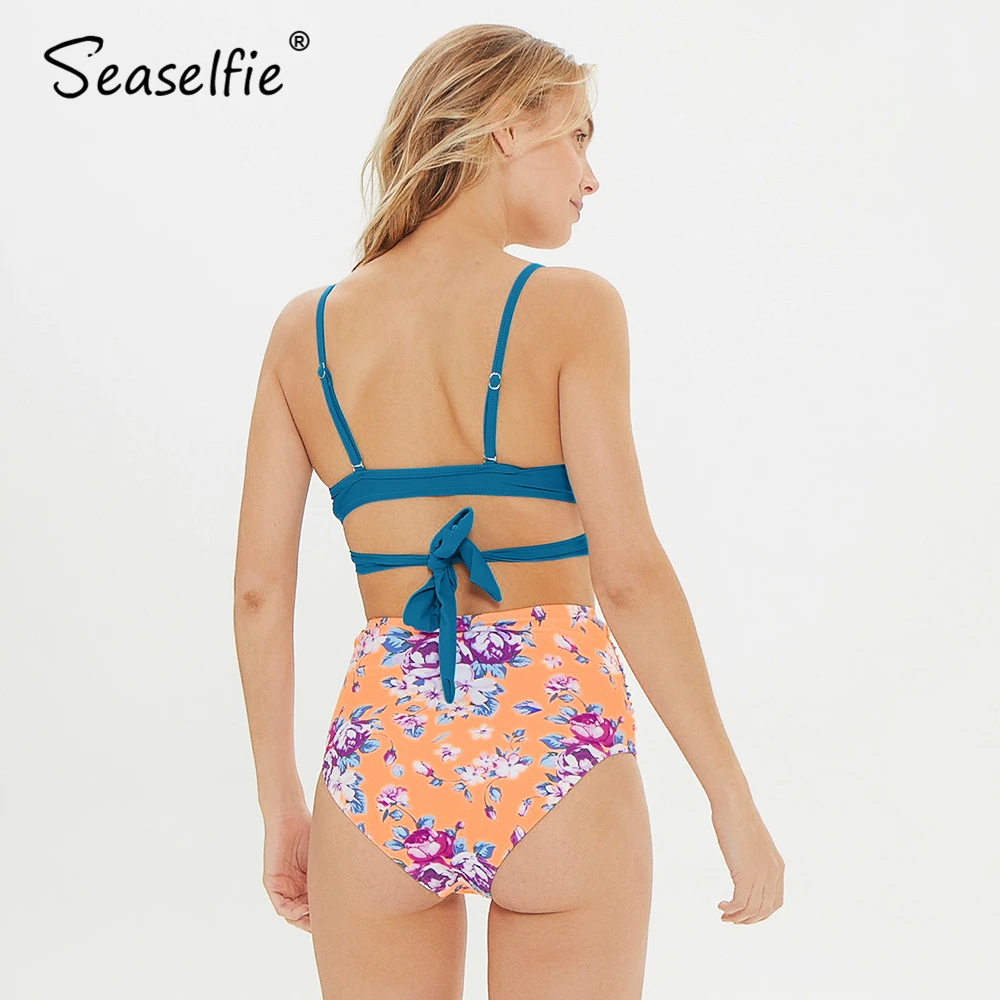 SEASELFIE, синий, с запахом и цветочным рисунком, с высокой талией, комплекты бикини, для женщин, сексуальный, пуш-ап, два предмета, купальники,, для девушек, пляжные купальники