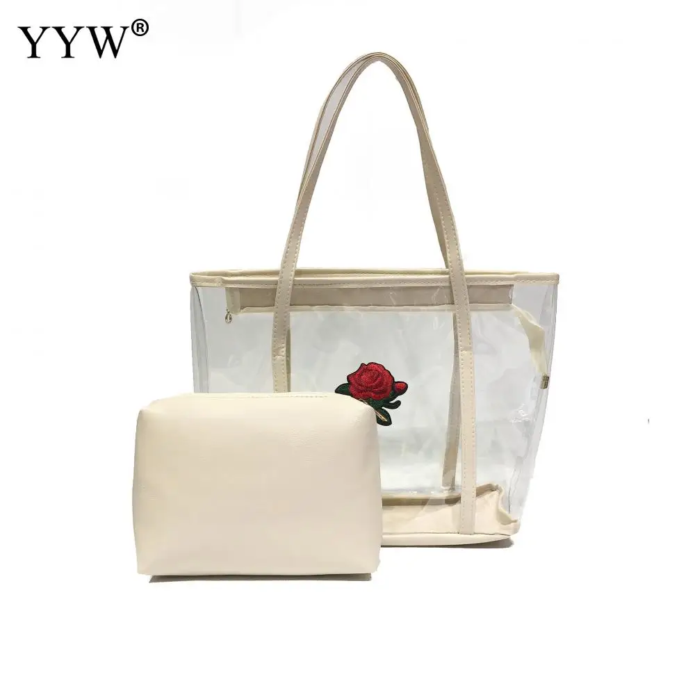 

2pcs PVC Jelly Transparent Shoulder Bag Floral Waterproof Large Capacity Totes Woman Crossbody Small Solid Clutch Prints Handbag