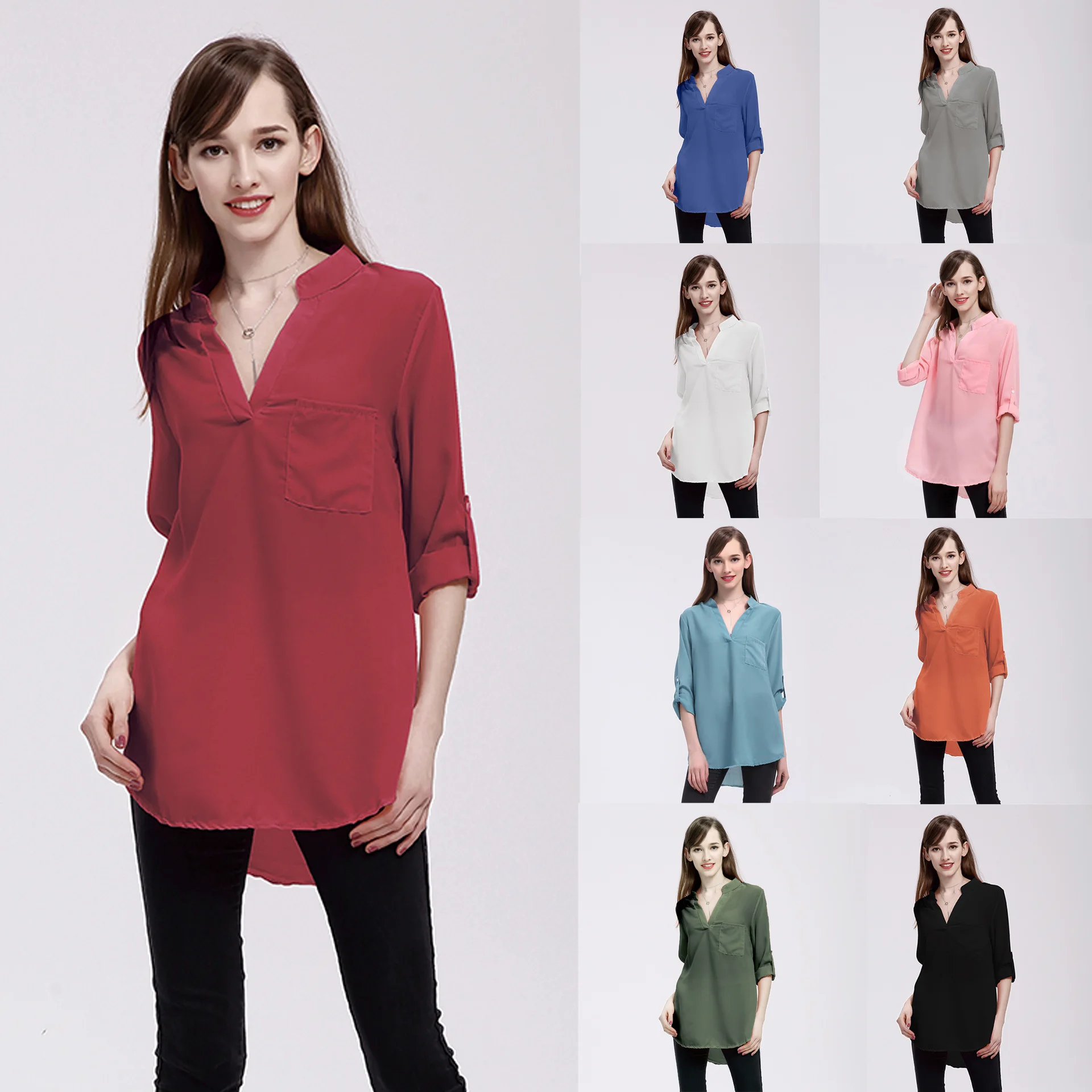 Женская шифоновая блузка с длинным рукавом и V образным вырезом|Блузки| |