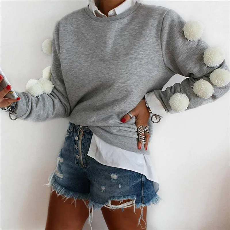 YaomeiSweatshirt Women 2017 Autumn Winter Long Sleeve Hoodies Cute Gray Pompon Pullovers Elegant Fleece Top Jumpers | Женская одежда