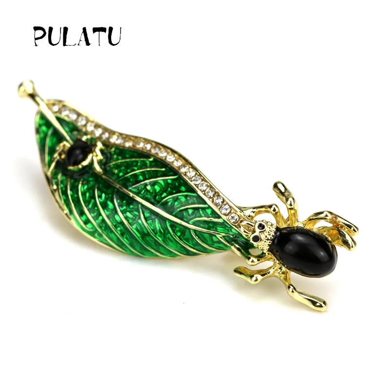 Pulatu New Arrival Brooches Women Spider With Green Leaf Fashion Brooch Animal Design Adornment 55*18mm Women's Cute | Украшения и