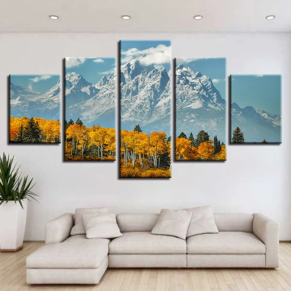 Original Oil Ink Canvas Painting Wall Art Frame HD Printed Pictures 5 Panel Poster Snow Mountain And Forest Photo | Дом и сад