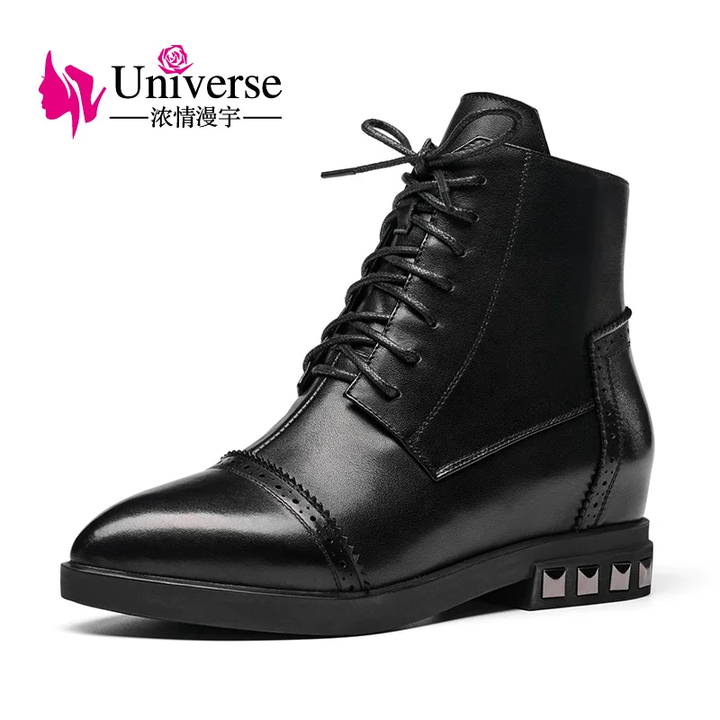 Beli Alam Semesta Renda Up Pergelangan Kaki Sepatu Bot Kulit Sapi Hangat Plush Insole Rendah Tumit Menunjuk Toe Wanita Hitam Musim Dingin Sepatu Wanita Sepatu E214