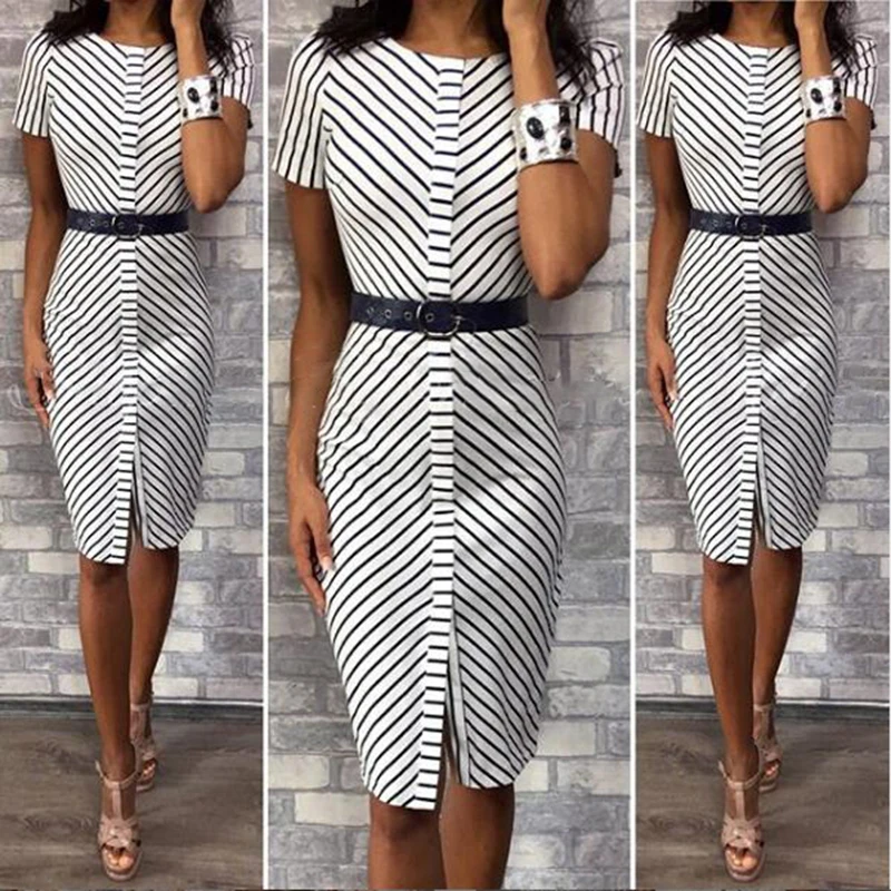 Women Dress Ladies Bodycon Fashion Business Pencil Formal Short Sleeves Stylish Round Neck Stripes Knee Length | Женская одежда
