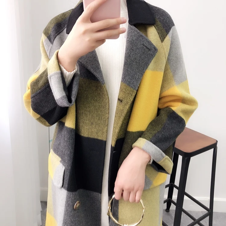 

Women Wool Coat2018New Fashion High Quality Designer Women's Black White Plaid Coat Female Medium Length Korean Winter Outerwear