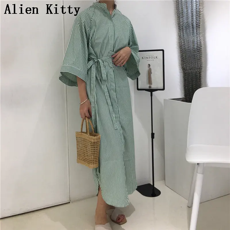 Женское платье с поясом Alien Kitty летнее Повседневное до середины голени в полоску