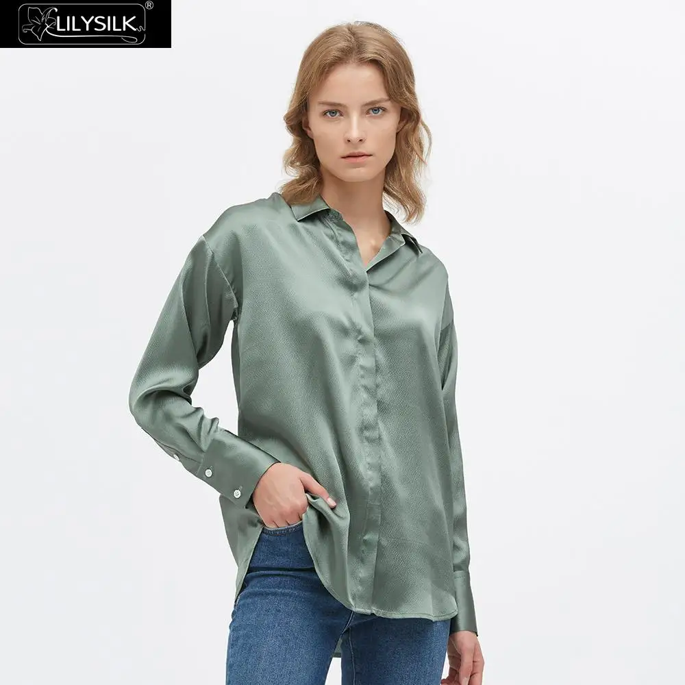 LilySilk рубашка шикарная и свободная-Fit шелковая Женская Новая - Цвет: Grey Green