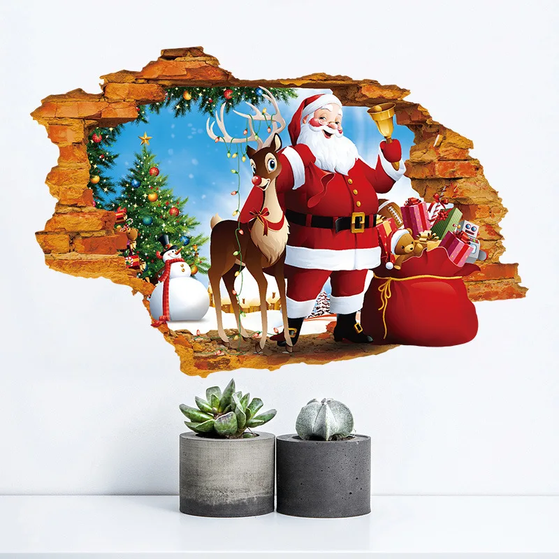 

Broken Wall Santa Claus 3D Stereo Wall Stickers Bedroom Warm Christmas Living Room Restaurant Stickers Home Decoration