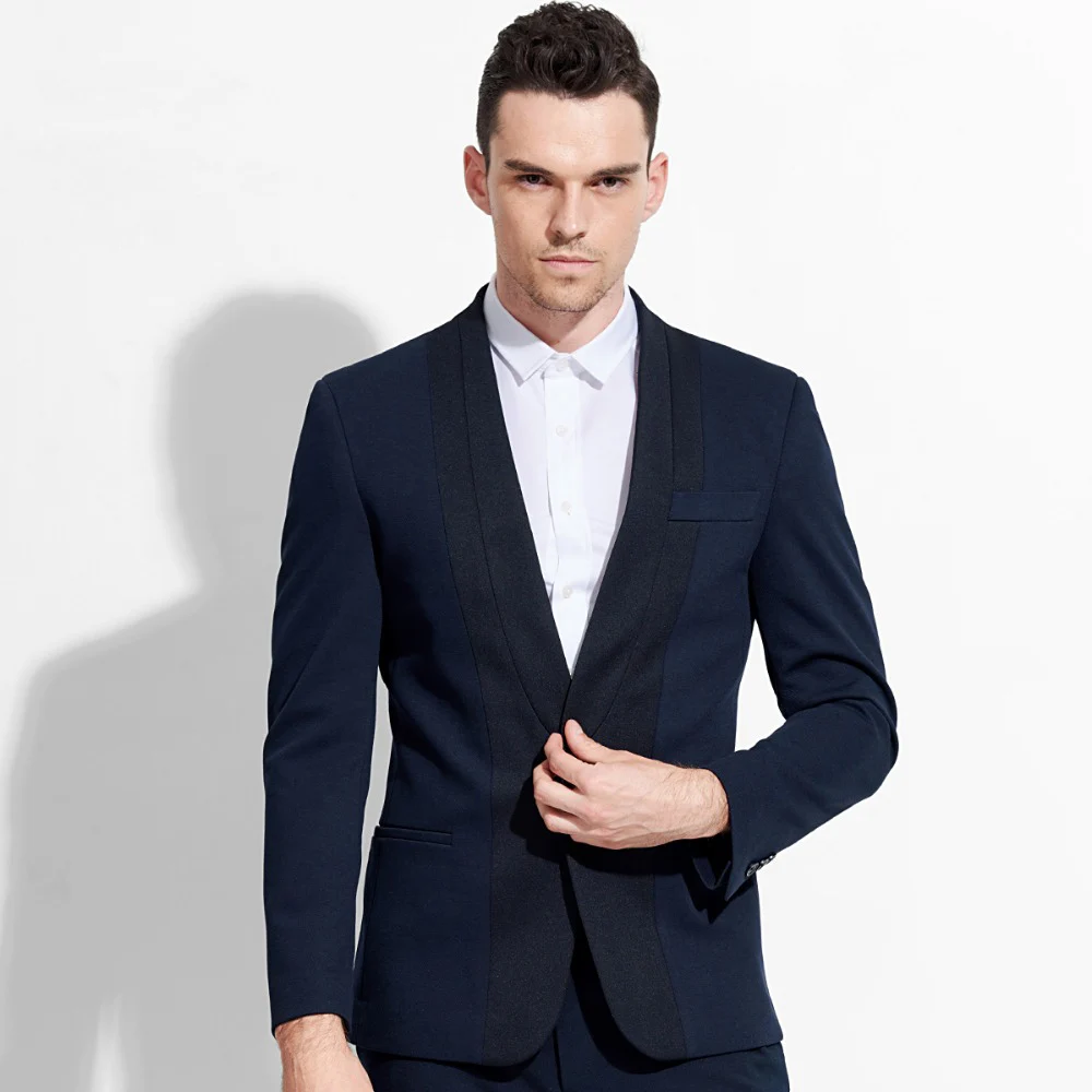 

men blazer V neck deep blue single button 2017 spring autumn fashion slim fit mens blazer jacket business groom stage wear 2XL