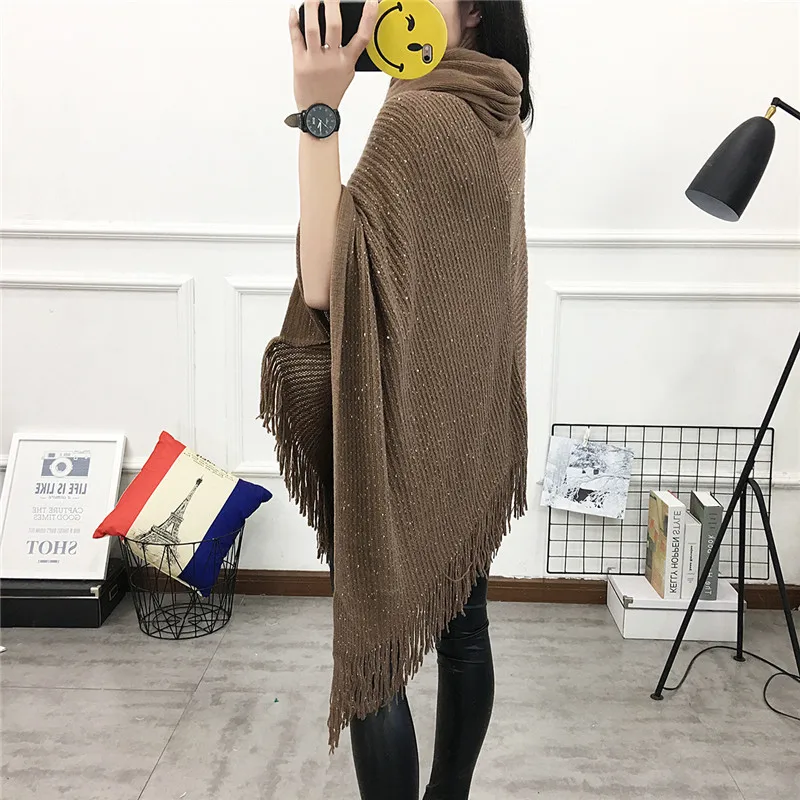 2019 women autumn winter thick sequins high collar tassel large size loose warm cloak shawl fashion sweater | Женская одежда