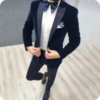 navy blue velvet smoking jacket prom suits pants men wedding suits groom tuxedos peaked lapel 2piece slim fit terno masculino
