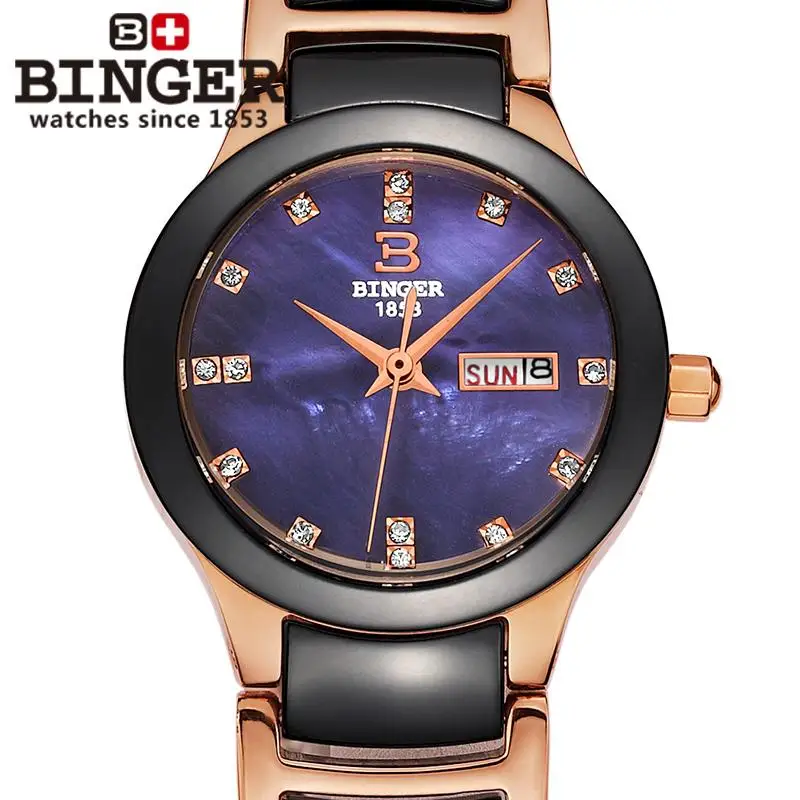 Швейцарские керамические женские часы Binger модные кварцевые наручные стразы для