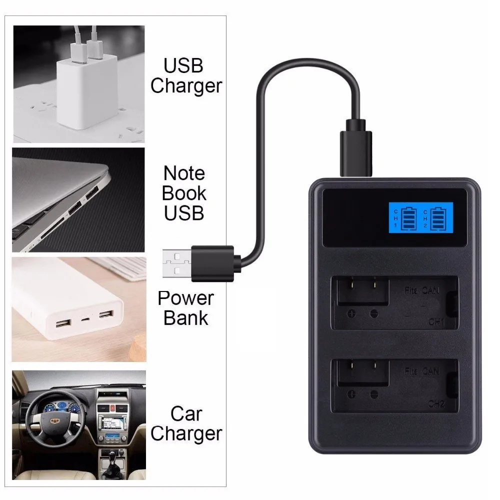 ЖК-дисплей Дисплей ПК Мощность Bank автомобильное USB Dual Камера Батарея док-станция для Зарядное устройство для Canon NB-6L NB-12L LP-E6 E6N LP-E8 LP-E10 LP-E12 LP-E17