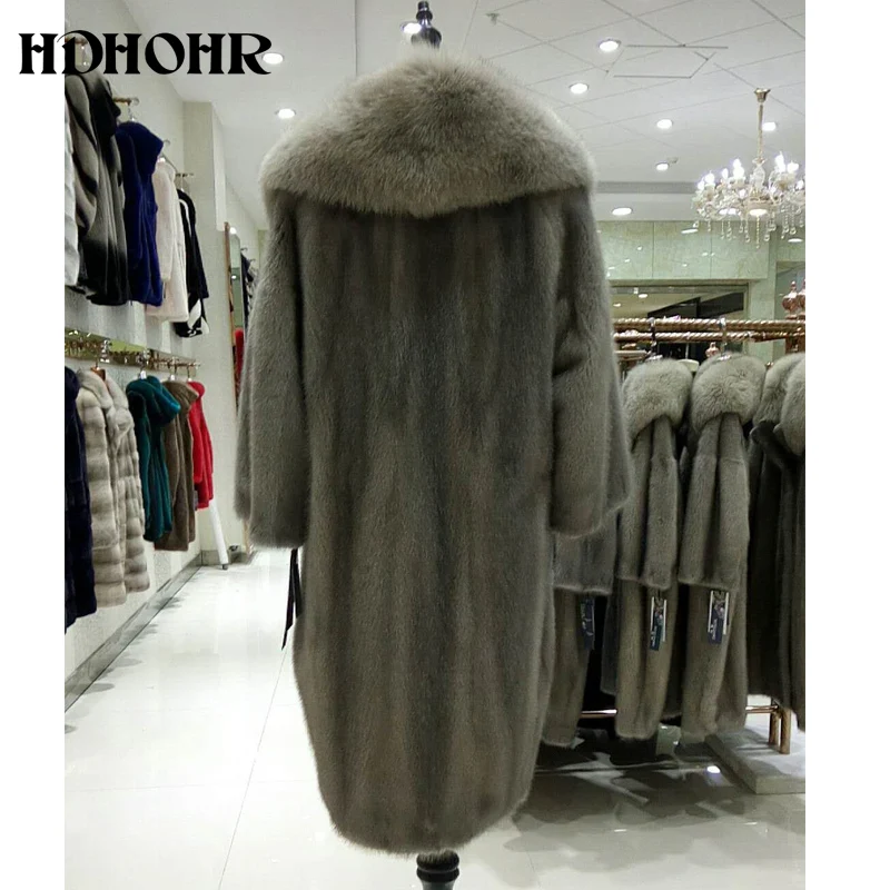 HDHOHR новые шубы из натурального меха женские модные шубы из натурального меха норки с лисьим мехом длинные пальто из норки цельная шкурка шуба