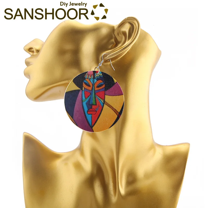 SANSHOOR деревянные серьги с принтом таинственной маски красочные окрашенные