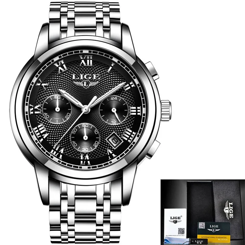 silver black steel Новые LIGE часы мужские роскошные брендовые Хронограф Мужские спортивные часы водонепроницаемые полностью Стальные кварцевые мужские часы Relogio Masculino+ коробка - Цвет: silver black steel