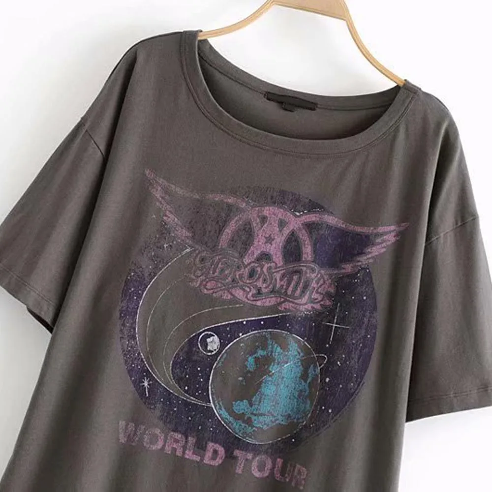 TXJRH Stylish WORLD TOUR Letter Aerosmith Planet Print Short Sleeve O-Neck Pullover T-Shirt Boyfriend Woman Causal Tee Tops