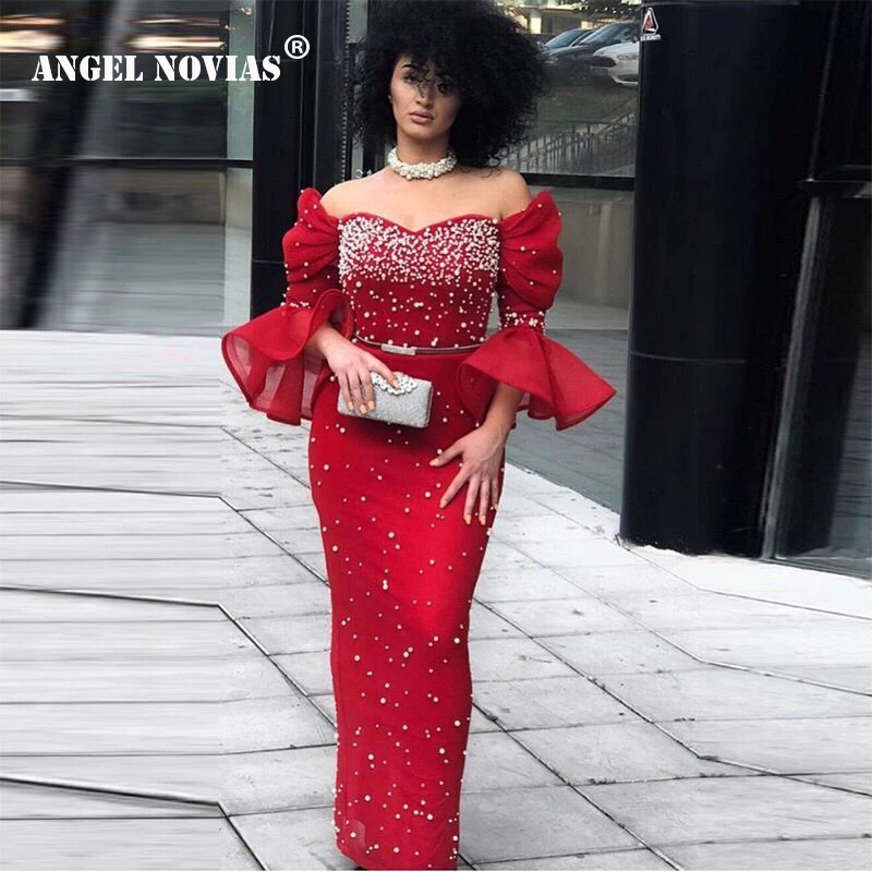 ANGEL NOVIAS длинное Abendkleider красное жемчужное арабское вечернее платье Дубай вечерние платья robe de soiree