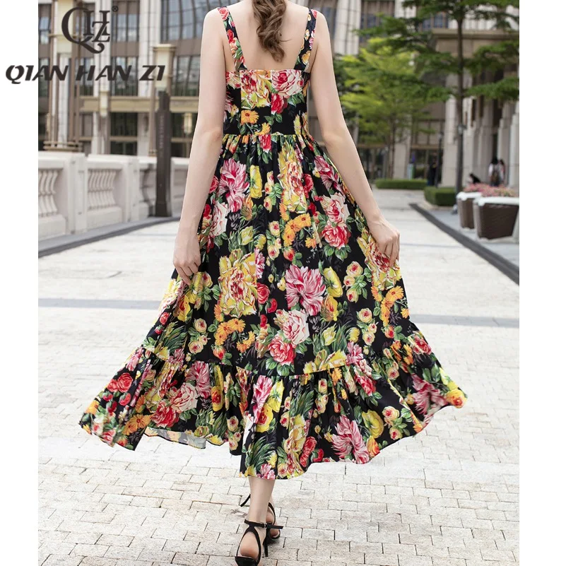 

Qian Han Zi Designer fashion runway summer Maxi dress Women's Spaghetti Strap vintage Floral Print Elegant Sexy Beach long Dress