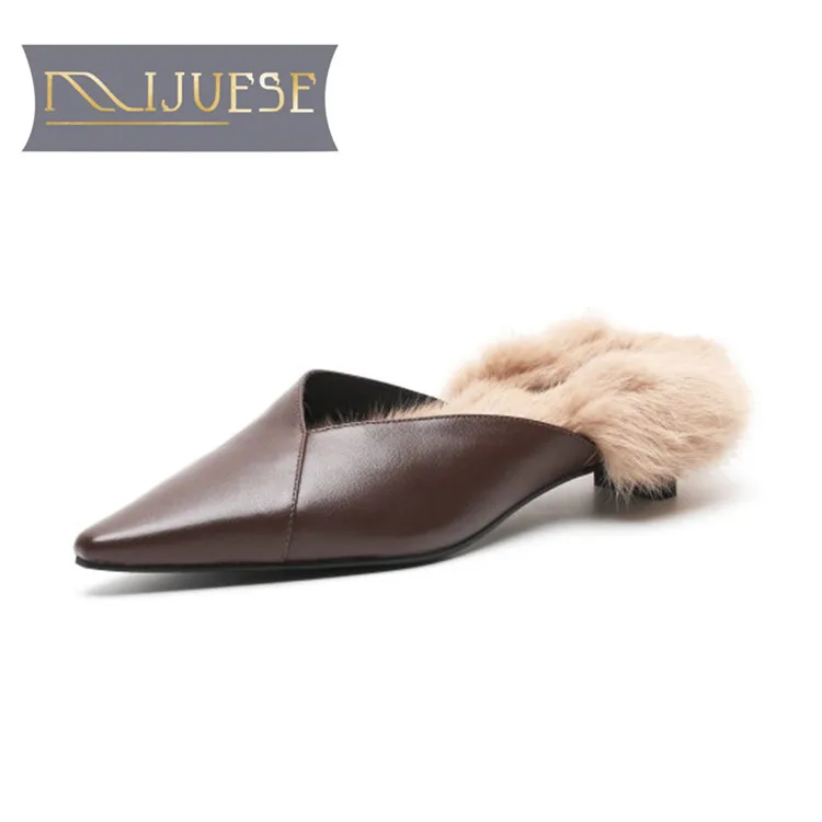 MLJUESE/2019 роскошные женские тапочки с кроличьим мехом и острым носком Зимние теплые