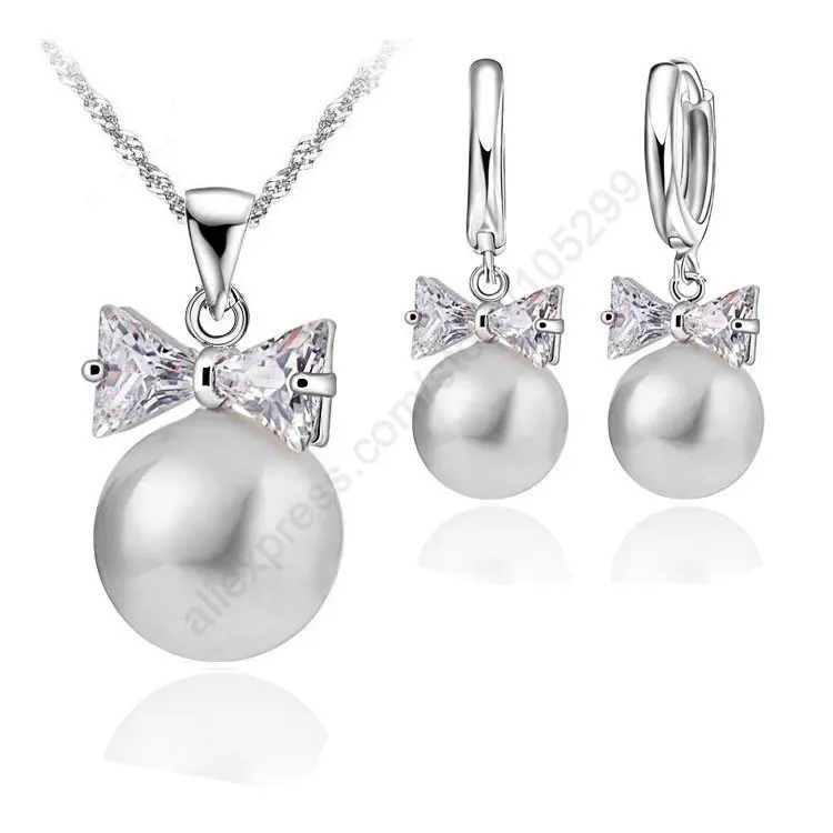 

Hot Sell Earrings Necklace Crystal Pearl Jewelry Set 925 Sterling Silver Pearl Crystal Bow Tie Hoop Earrings Necklace Set