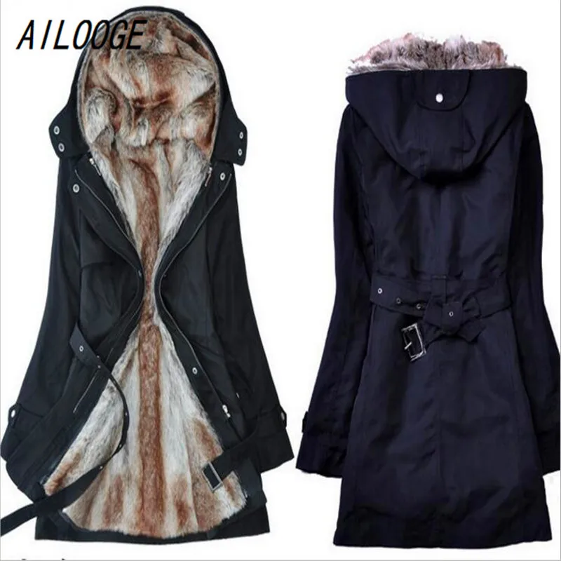 

Женские толстовки AILOOGE с капюшоном из искусственного меха, коллекция 2021 года, женские пальто, зимнее теплое длинное пальто, куртка, хлопкова...