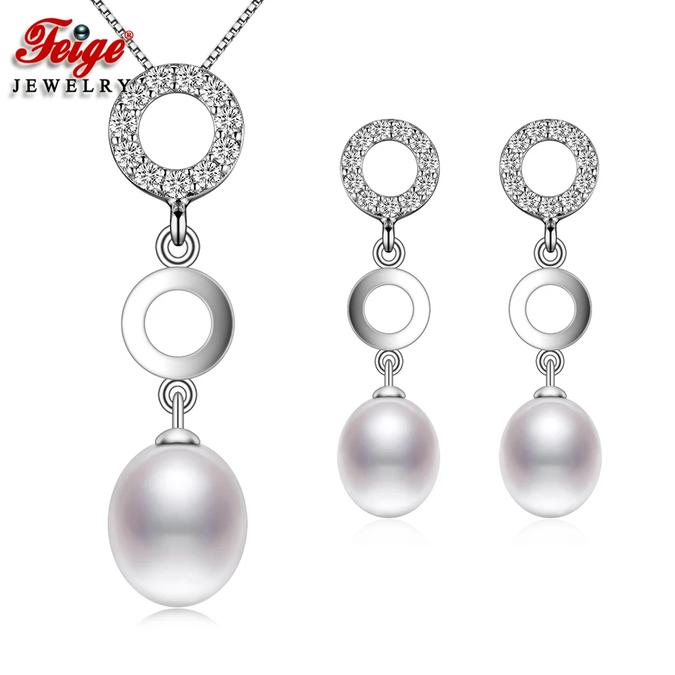 

New Design Cubic Zircon White Natural Freshwater Pearl Jewelry Set for Women's Party Jewelry Gifts FEIGE