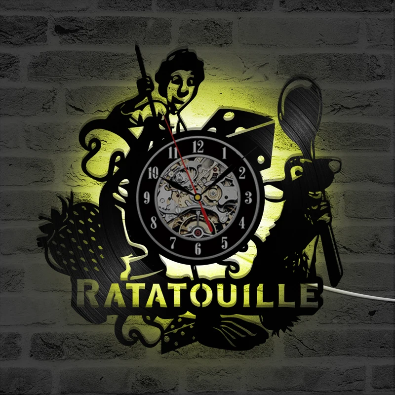 Ratatouille Cartoon Vinyl Record Wall Clock Kids Room Decoration Vintage Vinyl LED Clocks with 7 Backlight Wall Watch Home Decor