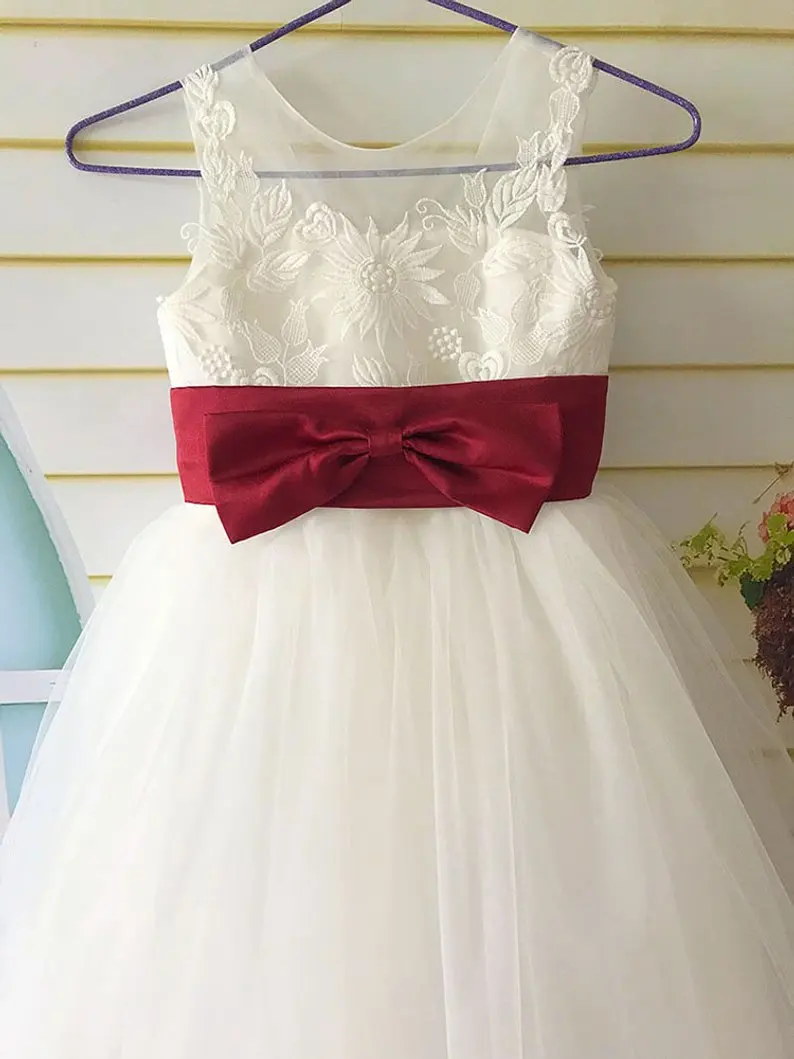Lace Tulle Flower Girl Dress Wedding Tutu First Communication with Apple Red Sash Bows V Back | Свадьбы и торжества