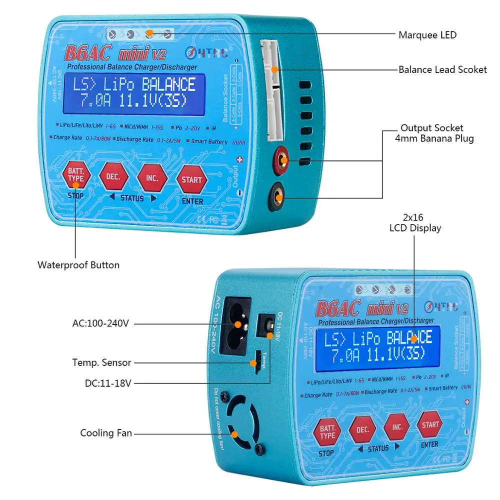 HTRC imax B6AC/B6 Mini V2 Зарядное устройство 70 Вт 7A AC/DC вход Профессиональный для RC моделей
