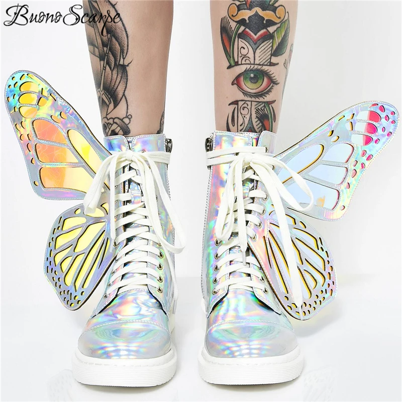 

Women Butterfly Wings Sneakers Shine Silver Short Boots Lace Up Colorful Ladies Shoes Sneakers With Sequines Women Runway Boots