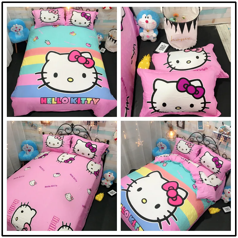 Hello kitty Милый хлопковый Детский Комплект постельного белья, простыня фиолетового цвета, мультяшная девочка KT, 4 шт., милые пододеяльники и одеяла, розовый цвет