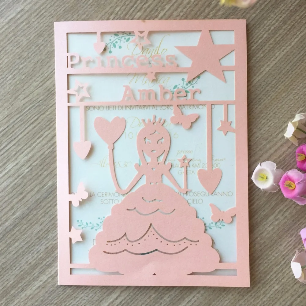 100 шт./лот лазерная резка Happy Princess шаблон день рождения пригласительные открытки