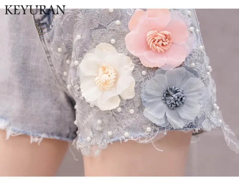 Embroidery Flowers Beading Pearls Hole Denim Shorts For Women 2019 Summer New Trendy Slim Casual Womens High Waist Hot | Женская одежда