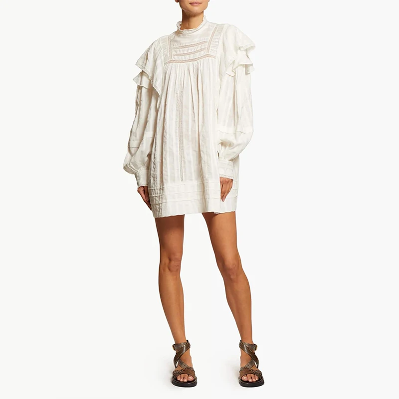 Woman Embroidered COTTON Mini DRESS lace stand collar Drop shoulder Ruffled Long Puff Sleeves