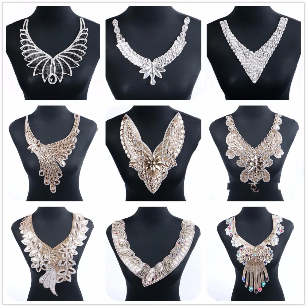 

1 Pcs/Lot Necklace Collar Patches Rhinestone Crystal Patch Motif For Women Bride Wedding Applique Dress Clothes Sticker Garment
