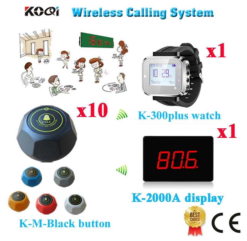 Waiter Call Button Wireless Service Call Bell System Table Buzzer Full Equipment Pager(1 display+1 watch+10 call button)