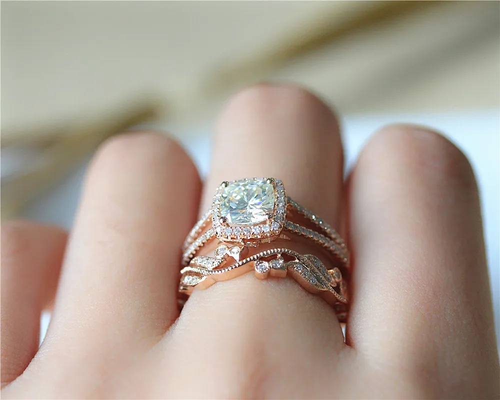 

DUPUY 1.3ct Cushion Cut Charles&Colvard Forever Classic Ring Vintage Full Pave Diamond Wedding Ring Set 14K Rose Gold Bridal Set