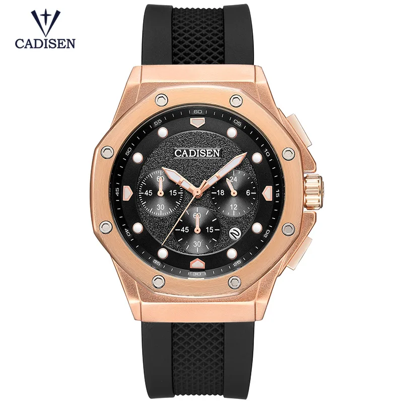 Cadesen мужские часы с хронографом 24 часа модные часы с кожаным ремешком светящиеся спортивные аналоговые кварцевые наручные часы для мужчин 9058-Rose - Цвет: C9058-Rose
