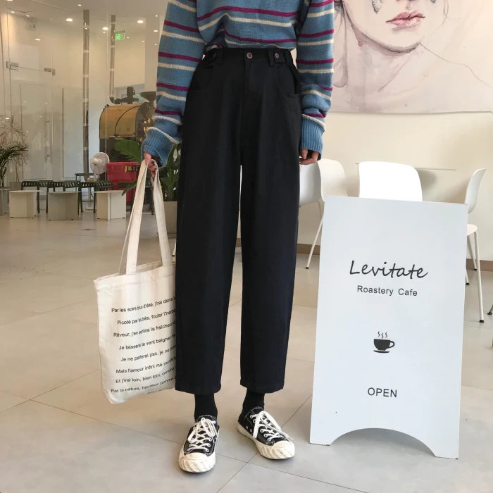 Женский корейский стиль, Ulzzang Harajuku BF, свободные, высокая талия, черные, джинсовые, длина по щиколотку, джинсы, женские, студенческие, повседневные, шаровары