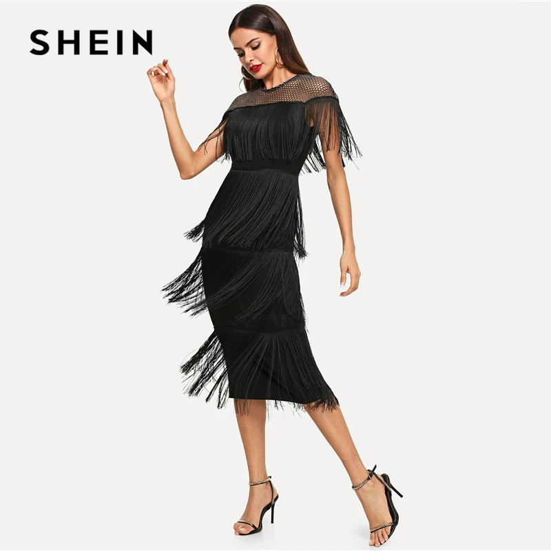 SHEIN Black Highstreet Party Going Out Elegant Sheer Yoke Layered Fringe Detail Dress Autumn Modern Lady Women Dresses