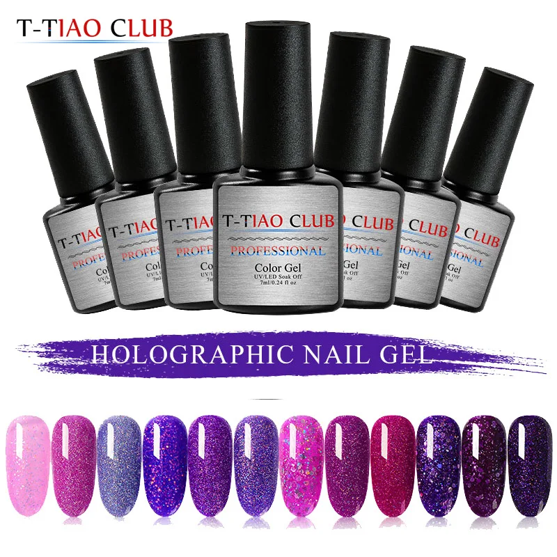 

T-TIAO CLUB 7ml Holographic Purple Glitter UV Nail Gel Polish Rainbow Super Shine Shimmer Manicure Soak Off Nail Art Varnish